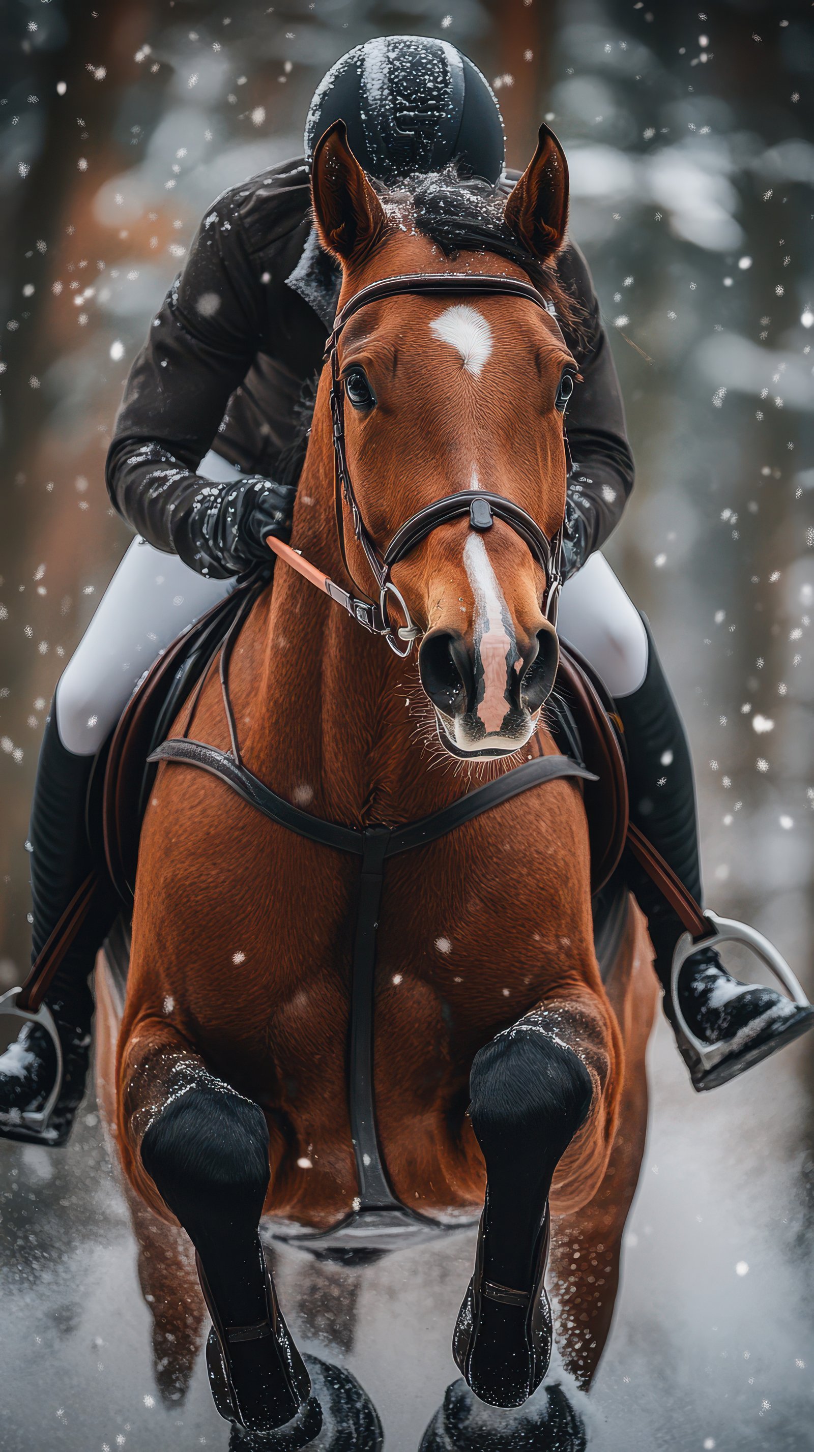 Equestrian rider competes with horse in snowy forest during winter event